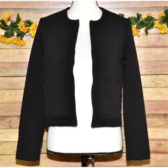 Mango Suit Black Open Front Crop Jacket Size XS Pockets Ribbed Career Casual - Picture 1 of 10
